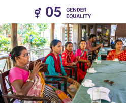 Women from the project area sitting together, symbolizing the vital role of diverse gender participation in community programs. These women have been instrumental in setting up nurseries, planting mangroves, and maintaining project operations, including the success of the Baha Mou mangrove honey program, an all-women collective connecting to digital and export markets.